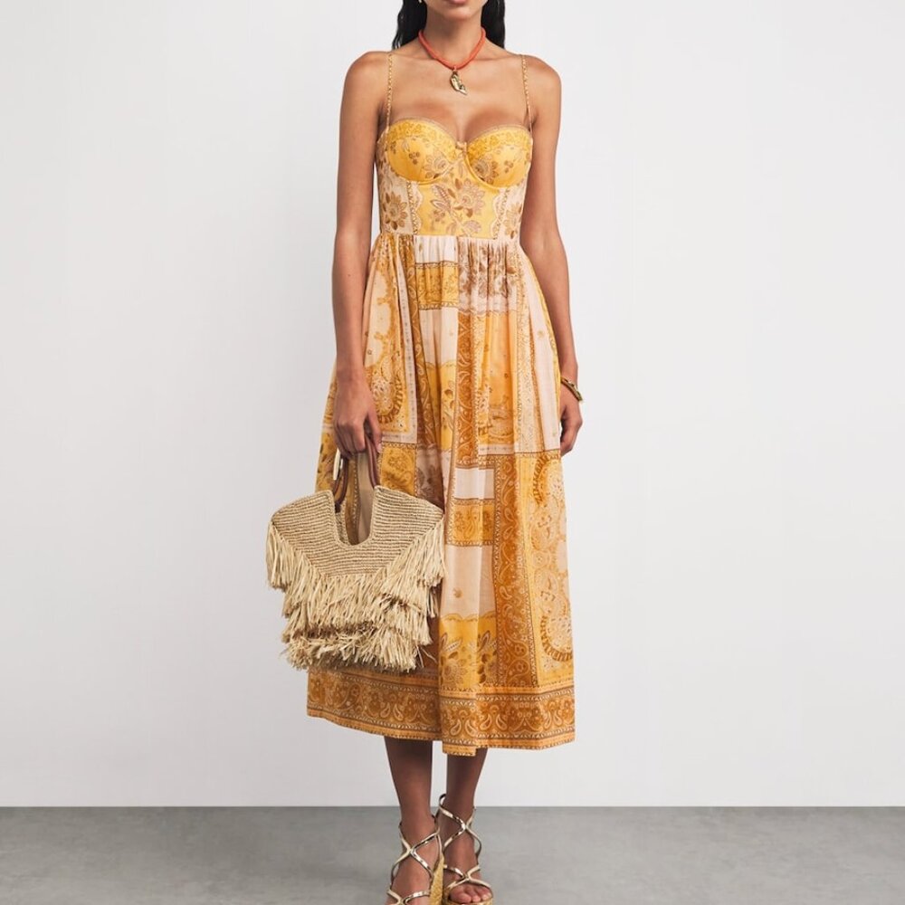 New Zimmermann Mustard Bandana Lucky Corset Midi Dress